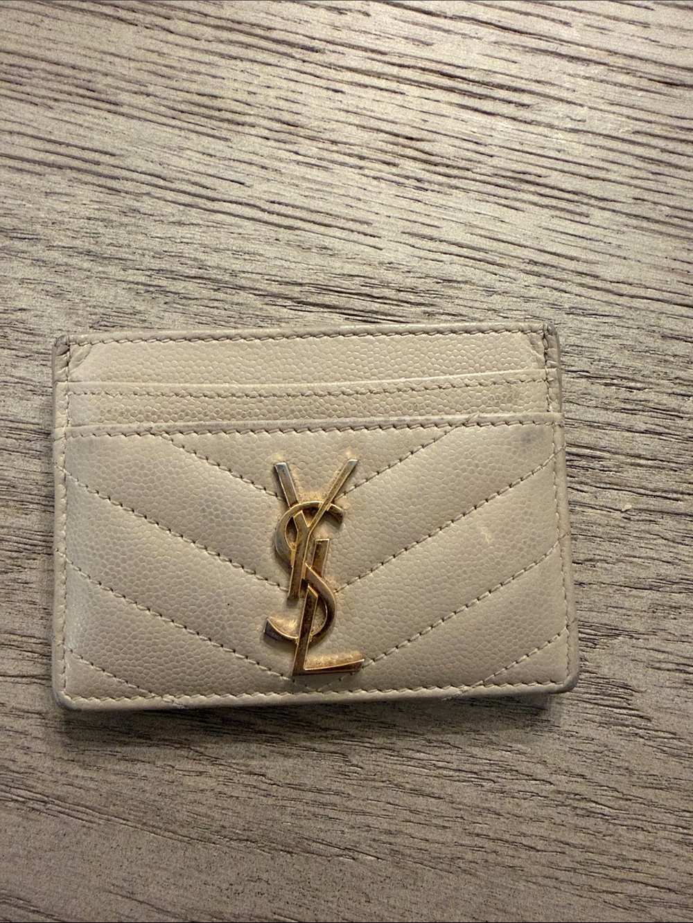 Saint Laurent Cream Quilted Card Holder with Gold YSL Emblem